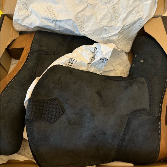 Sanita Lee Ann Square Black Suede Wooden Heeled Clog Boots Women's Size 40/9.5 - Picture 5 of 5